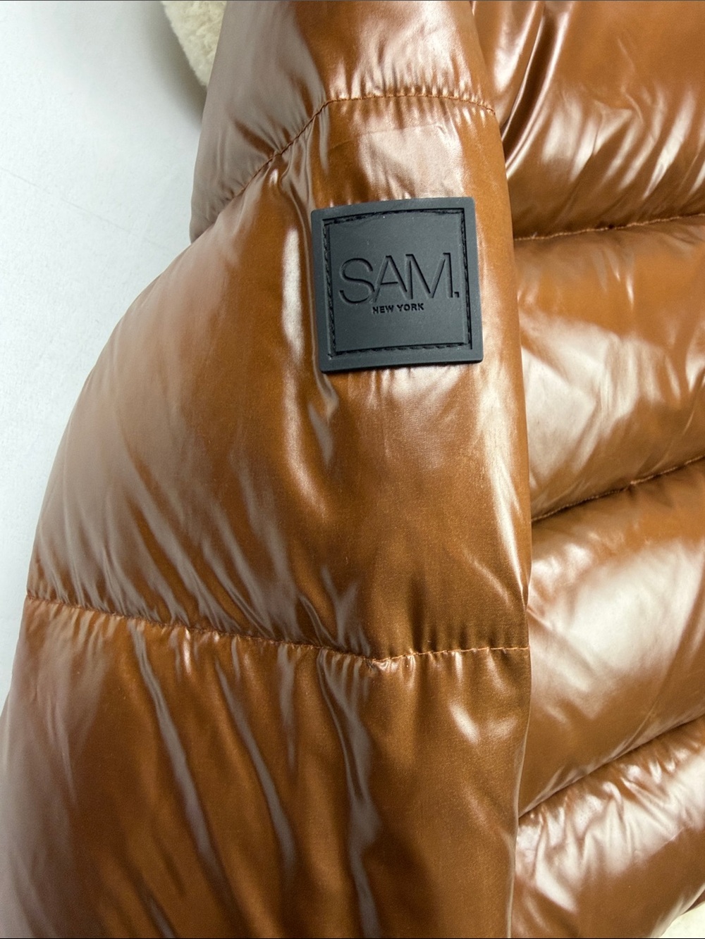 SAM. New York Veronica Shearling-Trimmed Down Biker Puffer Jacket in Cognac - Picture 16 of 16
